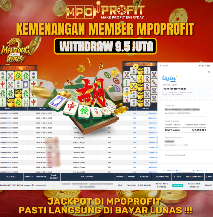 MPOPROFIT JACKPOT PG SOFT! KEMENANGAN MURNI DI (MAHJONG WAHYS 2 TOTAL 9.500.000,- LUNAS)